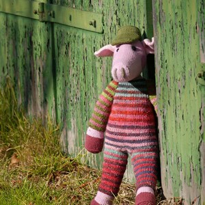 Könnte beinhalten: Ein gestricktes Spielzeugschwein in rosa und grauen Streifen mit einem grünen Hut. Das Schwein steht vor einem grünen Holzzaun.