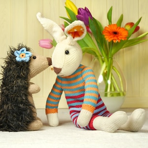 Könnte beinhalten: Ein gestrickter brauner Igel mit einer blauen Blume auf dem Kopf schaut ein weißes gestricktes Kaninchen mit orange-rot-blauen Streifen an. Das Kaninchen sitzt auf einer weißen Oberfläche mit einer Blumenvase im Hintergrund.