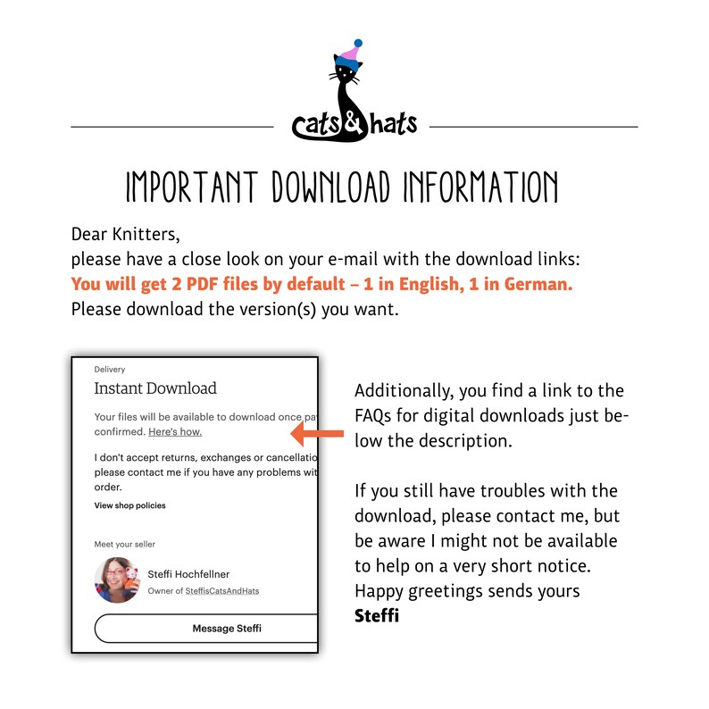 May include: A digital download information page with a black cat wearing a party hat and the text "cats & hats". The page explains that the buyer will receive two PDF files, one in English and one in German. The page also includes information about the seller, Steffi Hochfellner, and how to contact her.