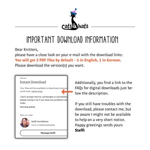 Puede incluir: Una p&aacute;gina de informaci&oacute;n sobre la descarga digital con un gato negro que lleva un sombrero de fiesta y el texto "cats & hats". La p&aacute;gina explica que el comprador recibir&aacute; dos archivos PDF, uno en ingl&eacute;s y otro en alem&aacute;n. La p&aacute;gina tambi&eacute;n incluye informaci&oacute;n sobre la vendedora, Steffi Hochfellner, y c&oacute;mo contactarla.