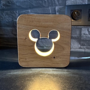 Mickey Mouse Disney night light with switch, natural varnished wood (oak) / nursery decoration