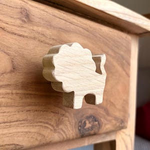 Könnte beinhalten: Ein hölzerner Löwen-Knauf ist an einer Holzschublade befestigt. Der Knauf ist hell und hat ein einfaches, cartoonartiges Design. Die Holzmaserung der Schublade und des Knaufs ist sichtbar.