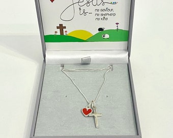 Jesus Is... smooth cross with red enamel heart Sterling Silver necklace with optional earrings by Spoken Treasures