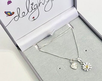 Delightful - Daisy Sterling Silver necklace with cut heart, with optional earrings by Spoken Treasures