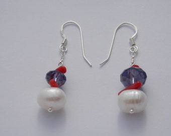 Pearl earrings-Baroque white freshwater pearl, red coral, purple crystal and silver earrings EAE5