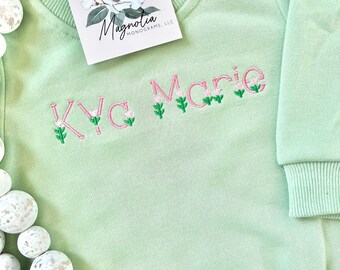 Embroidered Girls Sage Green Romper, Baby Girl Romper with Name, Embroidered Baby Shower Gift, Baby Girl Flower Embroidered Sweater Romper