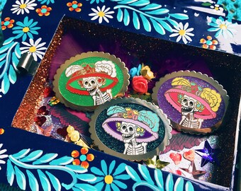 Mexican Catrina Skeleton- Luxury large enamel glitter pin