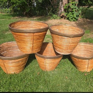 May include: A set of five conical woven rattan baskets with smooth, dark brown metal rims. The baskets feature a natural light brown finish with horizontal reed construction and vertical support ribs, arranged in a staggered group formation.