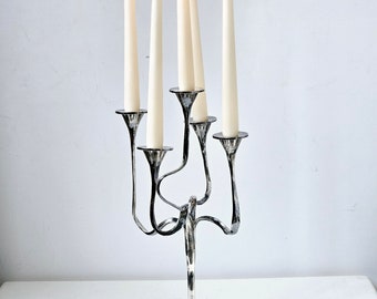 Brutalist Bäckhaus silverplated bronze 5 candlestick  Auböck Era candelabra Modernist midcentury Gaudí Jugendstil