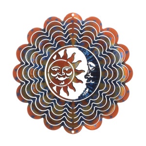 Sun and Moon Wind Spinner for Antique Garden Art and Rustic Yard Art in Color Blue and Color Orange