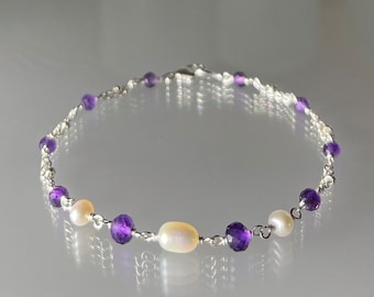 Amethyst pearl bracelet, genuine purple amethyst gemstone jewelry, February June birthstones, women bead bracelet, 925 silver chain bracelet