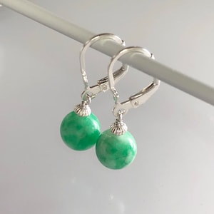 Genuine jade earrings, short lever back earrings, Myanmar jade gemstone earrings, drop dangle sterling silver green jade globe earrings gift