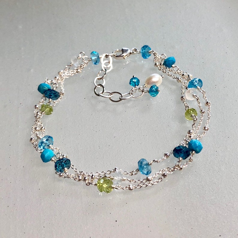 Multi layer choker necklace tassel necklace Silver toned turquoise colored stone