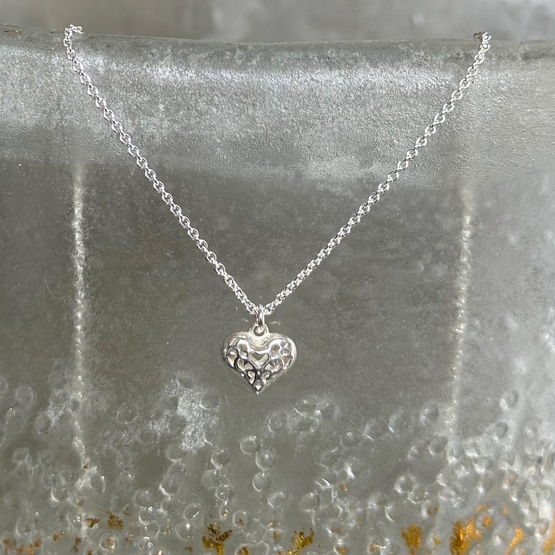 Sterling Silver Heart Necklace, Dainty Filigree Heart