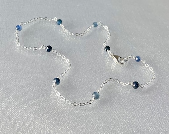 Dainty sapphire ankle bracelet, genuine blue sapphire beaded anklet, 925 silver chain anklet gift, dainty bridal blue gemstone ankle jewelry
