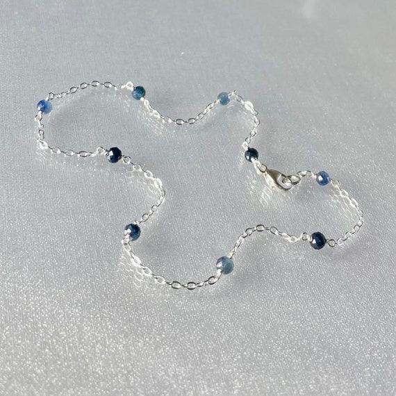 Dainty sapphire ankle bracelet, genuine blue sapphire beaded anklet, 925 silver chain anklet gift, dainty bridal blue gemstone ankle jewelry