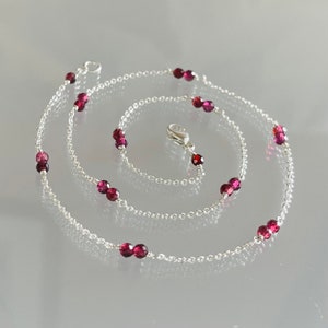 Thin pink garnet necklace, delicate garnet choker, dainty pink gemstone jewelry, rhodolite garnet beaded station necklace, January birthston