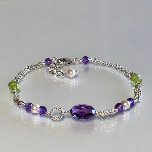 Multi gemstone bracelet, mixed gemstone bracelet, amethyst bracelet, peridot, pearls, genuine gemstones, girlfriend, mom, sister, teen girl