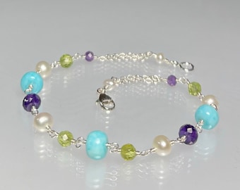 Multi gemstone bracelet, mixed gemstone pearl bracelet, 925 silver blue Peruvian opal bracelet, amethyst, peridot, pearls, genuine gemstones