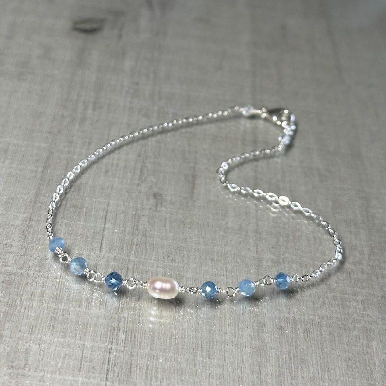 Aquamarine and pearl anklet, shaded aquamarine gemstone ankle bracelet, sterling silver chain anklet, dainty blue bridal ankle jewelry image 3