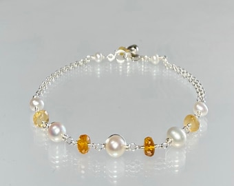 Genuine citrine and pearl bracelet, June & November birthstones, yellow citrine bracelet, women bracelet, freshwater pearl, sterling silver