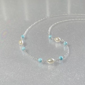 Larimar and pearl necklace, Caribbean blue larimar necklace, dainty larimar pearl layering choker, larimar jewelry, blue gemstone choker