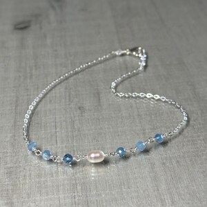 Aquamarine and pearl anklet, shaded aquamarine gemstone ankle bracelet, sterling silver chain anklet, dainty blue bridal ankle jewelry image 6