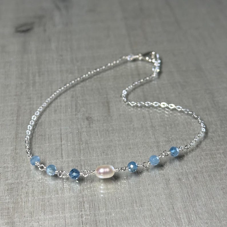 Aquamarine and pearl anklet, shaded aquamarine gemstone ankle bracelet, sterling silver chain anklet, dainty blue bridal ankle jewelry image 6