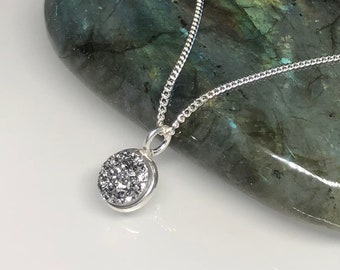 Silver druzy necklace, titanium druzy necklace, raw stone pendant, genuine geode pendant, minimalist, druzy jewelry, drusy necklace gift