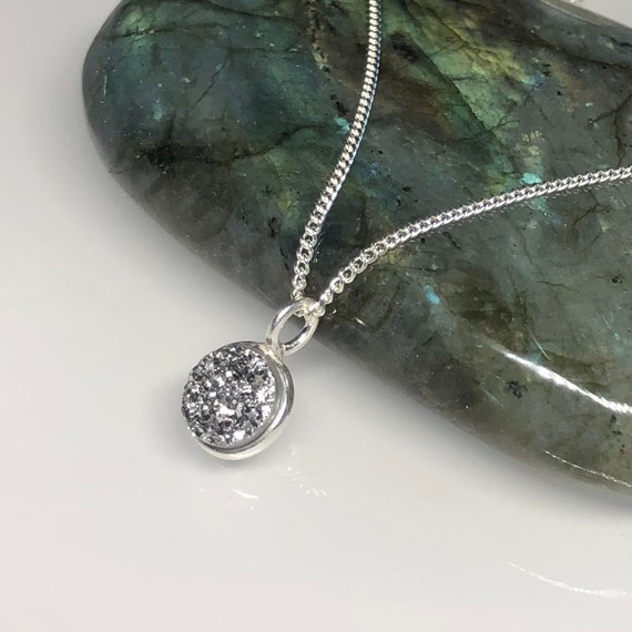 Silver druzy necklace, titanium druzy necklace, raw stone pendant, genuine geode pendant, minimalist, druzy jewelry, drusy necklace gift