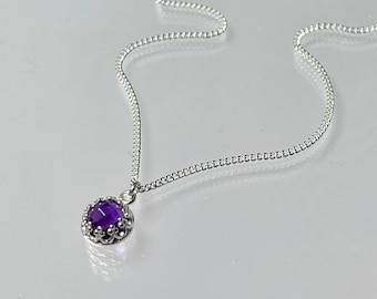 Super dainty amethyst pendant necklace, purple amethyst crown bezel pendant, minimalist February birthstone gemstone choker, mother's day