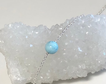 Dainty larimar necklace, Caribbean blue larimar choker, larimar solitaire 6 mm, pastel blue gemstone, beach jewelry, single bead necklace