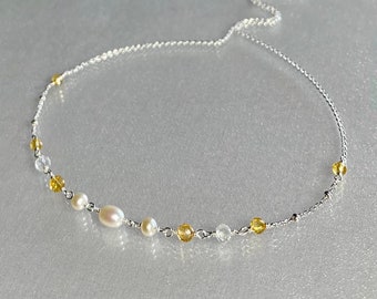 Dainty citrine and pearl necklace, June November birthstones, genuine citrine necklace, yellow gemstone choker, women layering choker gift