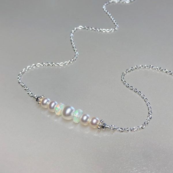 Genuine opal pearl bar necklace, genuine welo fire opal choker, dainty pearl necklace, freshwater pearls, opal necklace, June October stone