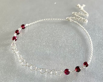 Red garnet choker, sterling silver heart chain necklace, Mozambique garnet necklace, January birthstone jewelry, red gemstone necklace gift