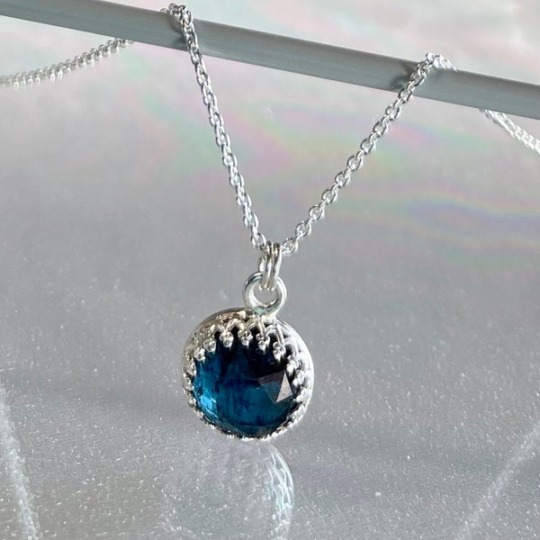 Teal moss kyanite necklace, natural moss kyanite, framed 10mm blue gemstone, genuine imperial kyanite, blue green kyanite pendant necklace
