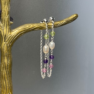 Pearl and gemstone chain loop earrings, multi gemstone chain earrings, sterling silver post earrings, amethyst, peridot, pink sapphire, gift
