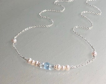 Genuine aquamarine and pearl necklace, natural gemstone jewelry, dainty aquamarine & pearl choker, mixed gemstone, March and June birthstone