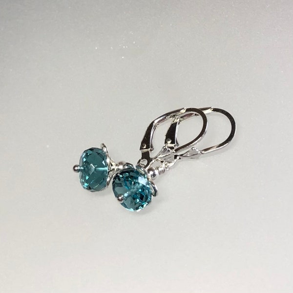 London blue topaz earrings, blue gemstone lever back earrings, December birthstone gift, short topaz earrings, simple, genuine teal topaz