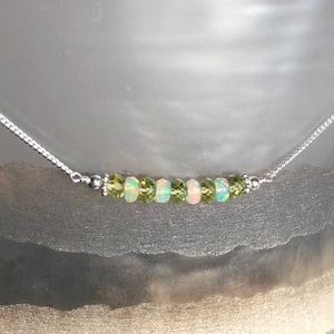 Peridot and opal necklace, natural opal bar necklace, genuine peridot, August October birthstone, mixed gemstone jewelry, women necklace