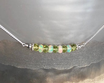 Peridot and opal necklace, natural opal bar necklace, genuine peridot, August October birthstone, mixed gemstone jewelry, women necklace