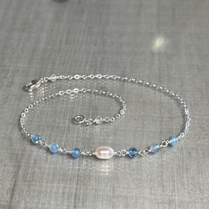Aquamarine and pearl anklet, shaded aquamarine gemstone ankle bracelet, sterling silver chain anklet, dainty blue bridal ankle jewelry image 9