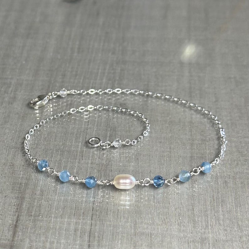 Aquamarine and pearl anklet, shaded aquamarine gemstone ankle bracelet, sterling silver chain anklet, dainty blue bridal ankle jewelry image 9