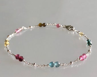 Dainty tourmaline bracelet, October birthstone bracelet, watermelon tourmaline jewelry, tiny gemstone stacking bracelet, rainbow bracelet