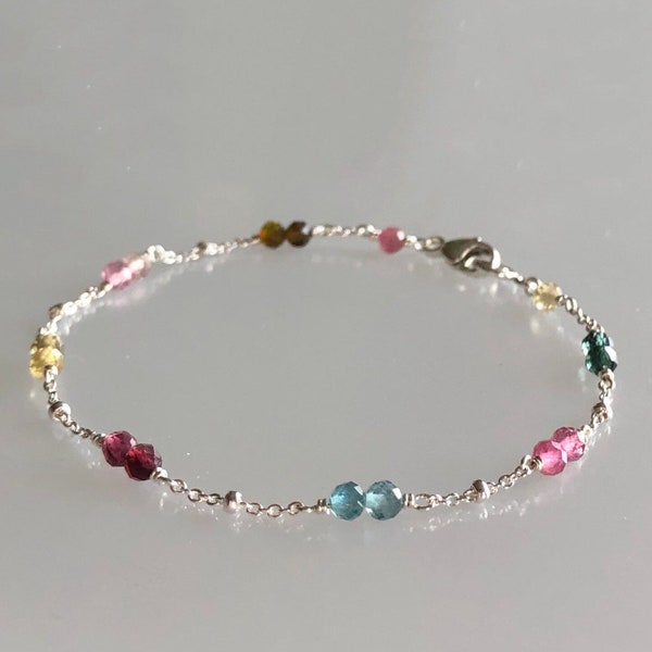 Dainty tourmaline bracelet, October birthstone bracelet, watermelon tourmaline jewelry, tiny gemstone stacking bracelet, rainbow bracelet