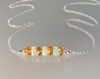 Genuine fire opal and citrine necklace, welo opal bar necklace, genuine golden citrine necklace, mixed gemstone, October November birthstone