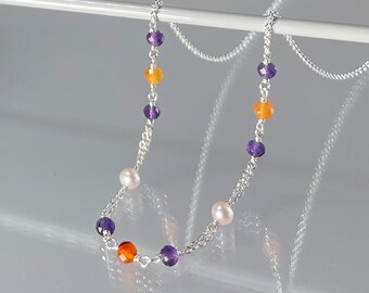 Mixed gemstone necklace, genuine multi gemstone choker, dainty purple orange gemstone necklace, mother’s day gift, women, minimalist choker