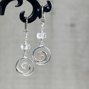 Sterling silver swirl earrings, 925 silver leverback spiral earrings, dangle drop clockwise swirl charm jewelry, rock crystal earrings gift