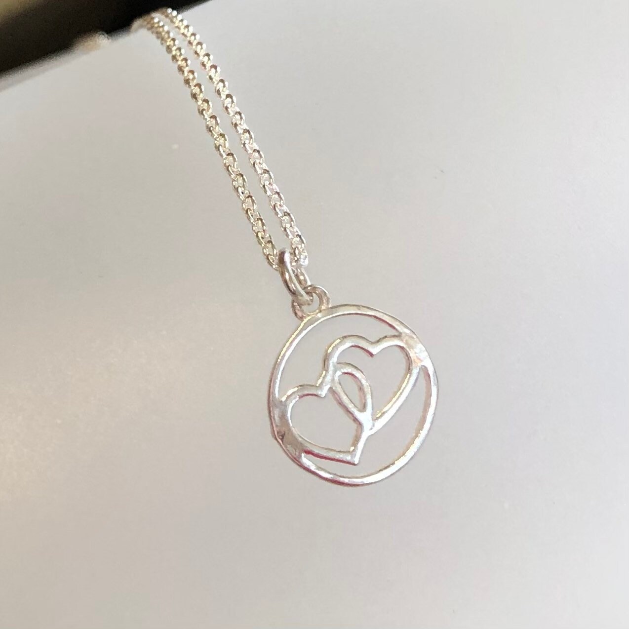 Twin Hearts Necklace, Double Heart Pendant, Two Hearts in Circle, Sterling Silver Heart Necklace, Circle Heart Mom Necklace, Couple Necklace