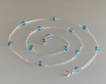 Dainty Swiss blue topaz choker, December birthstone beaded blue gemstone necklace, genuine blue topaz layering choker, minimalist choker
